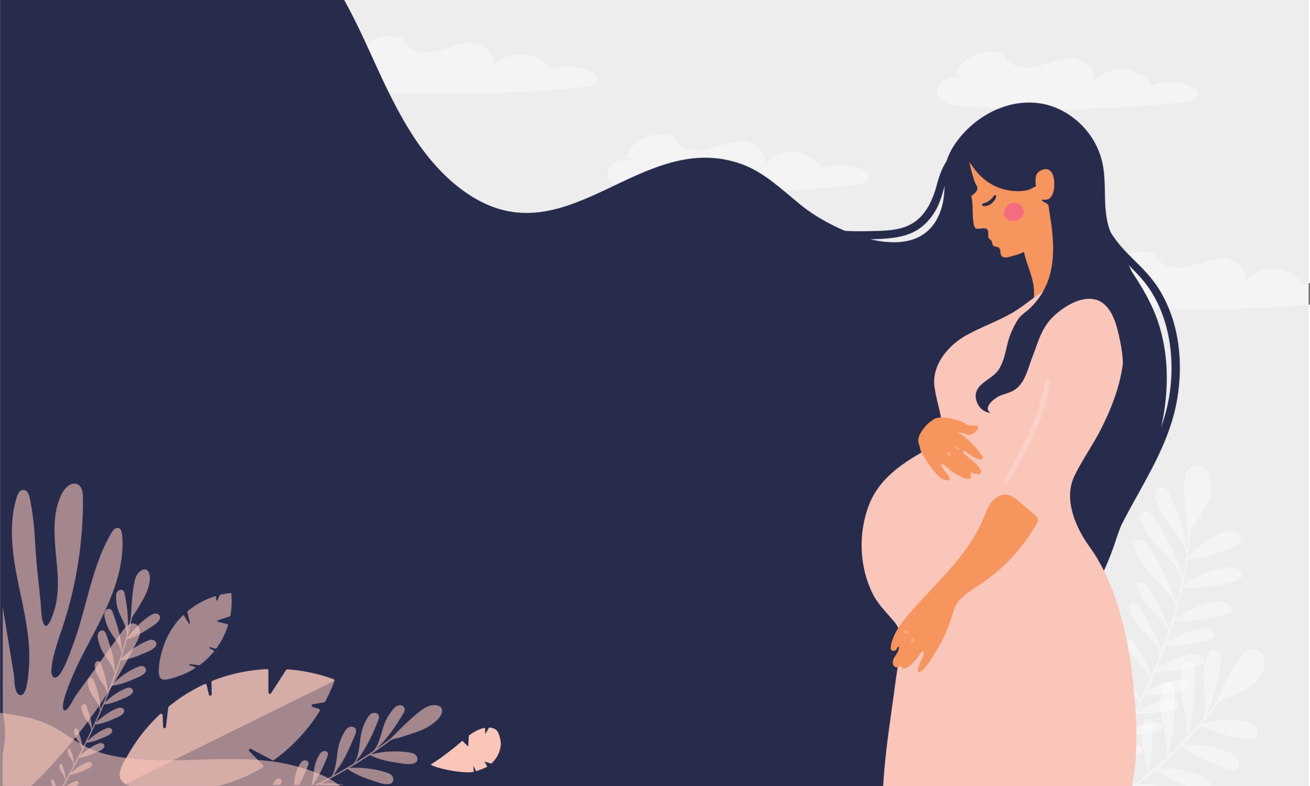 A stylized illustration of a pregnant woman standing to the right. She has long, flowing black hair and is wearing a light pink dress. Her eyes are closed, and her hands gently rest on her belly. The background features dark blue silhouettes of mountains and light blue sky with clouds.