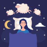 A whimsical illustration of a person lying in bed covered with a blue blanket, head resting on a pillow. Above them, fluffy white sheep jump across a dark blue night sky adorned with a crescent moon, clouds, and stars. The person's eyes are open, suggesting wakefulness or difficulty sleeping.