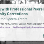 A banner with text that reads 'Working with Professional Peers in Community Corrections A Course for System Actors, Carrie Pettus, PhD, MSW, Jennifer Joseph, MSW, and Nancy McCarthy, Justice System Partners Wellbeing & Equity Innovations'