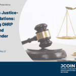 Webinar announcement for 'Research with Justice-Involved Populations: Understanding OHRP Regulations and Protections Under Subpart C' hosted by the Office for Human Research Protections (OHRP). Scheduled for May 2, 2024, from 11:00 AM to 12:00 PM ET. Features a gavel and scales of justice.