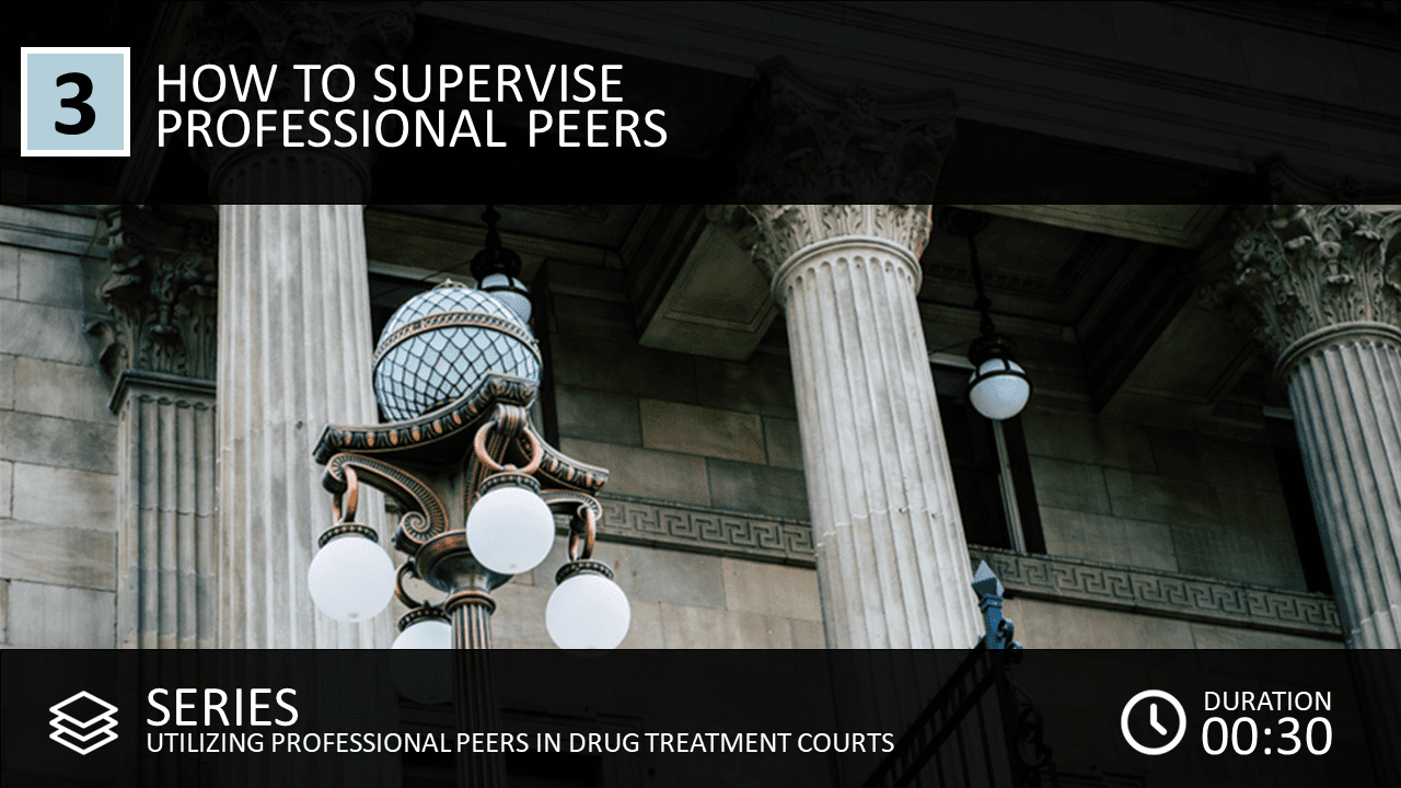 PEERS COURSE 3 IMAGE A graphic with text that reads '3: How to Supervise Professional Peers, Series: Utilizing Professional Peers in Drug Treatment Courts'