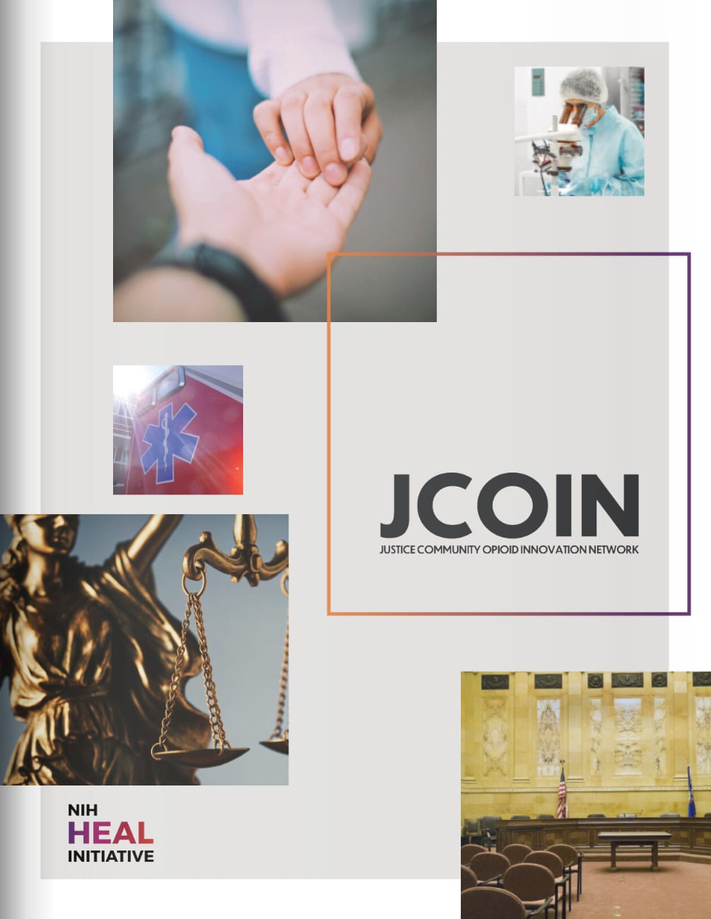 Preview cover of JCOIN Research book with images of a helping hand, a scientist, an ambulance, equality, and a courtroom.